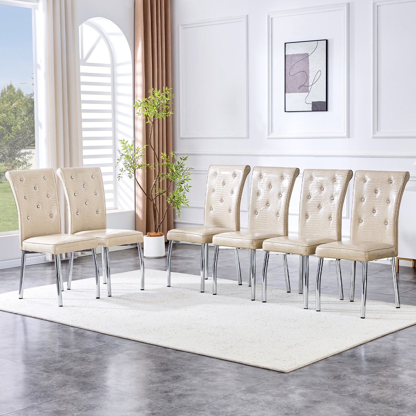Set of 4 Beige & Silver Vintage Crocodile Leather Dining Chairs