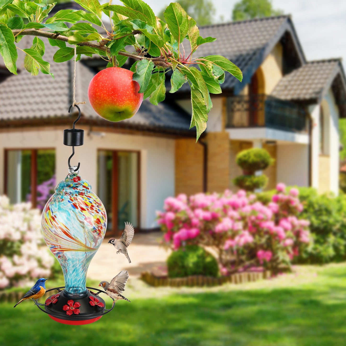 Glass Hummingbird Feeder 33OZ with 5 Flower Feeding Ports & Ant Moat - Garden Decor