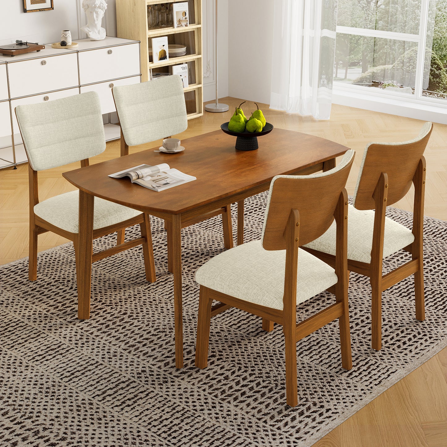 Farmhouse Dining Table Set for 4 with Upholstered Chairs - Brown & Beige