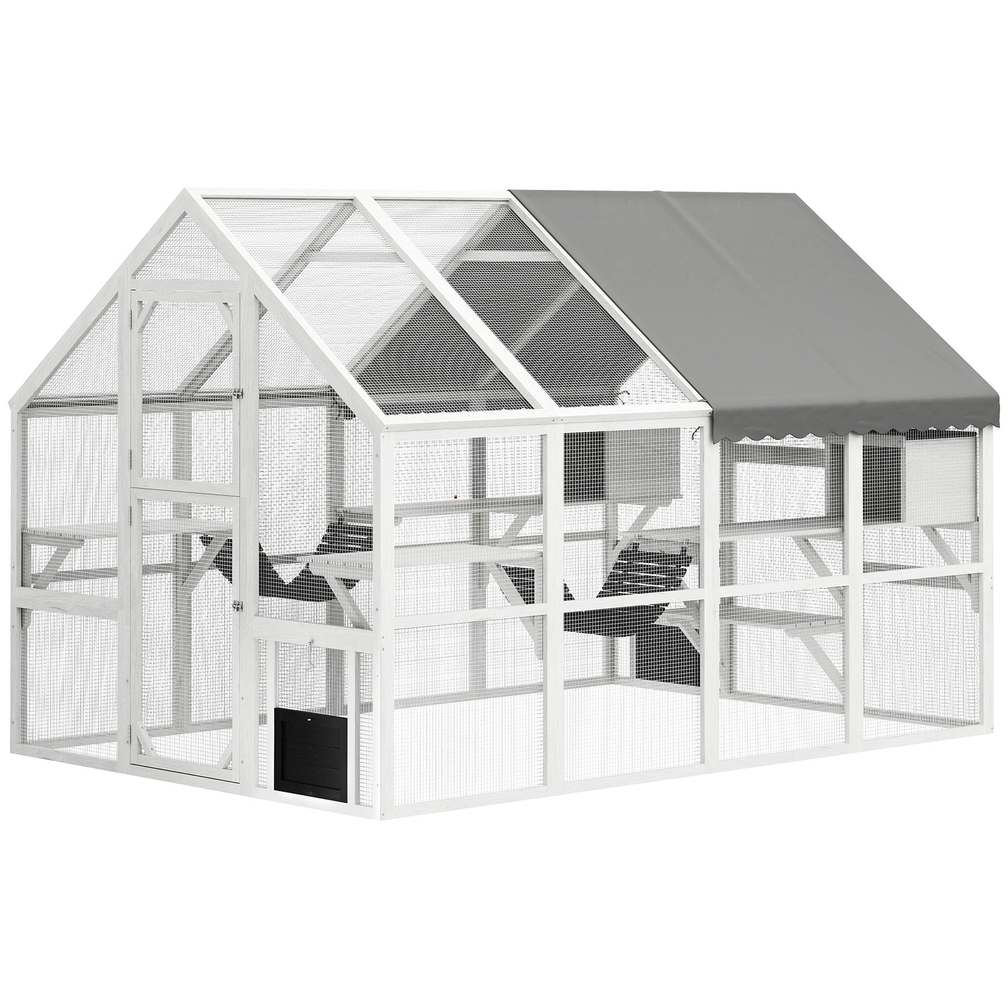 Outdoor Wooden Cat Enclosure with Waterproof Cover, 2 Condos & 6 Platforms