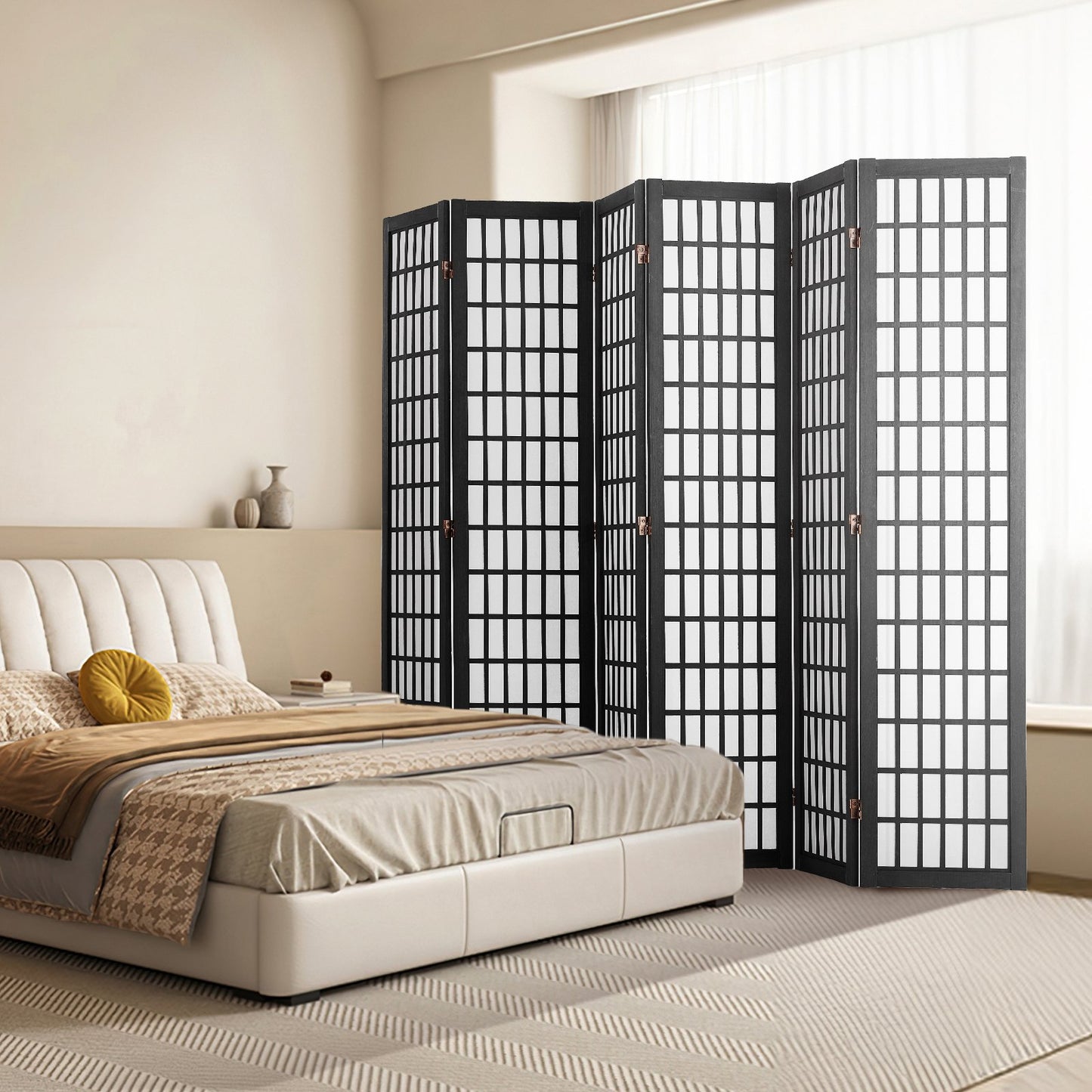 Japanese Room Divider - 6 Panel Folding Privacy Screen - Black
