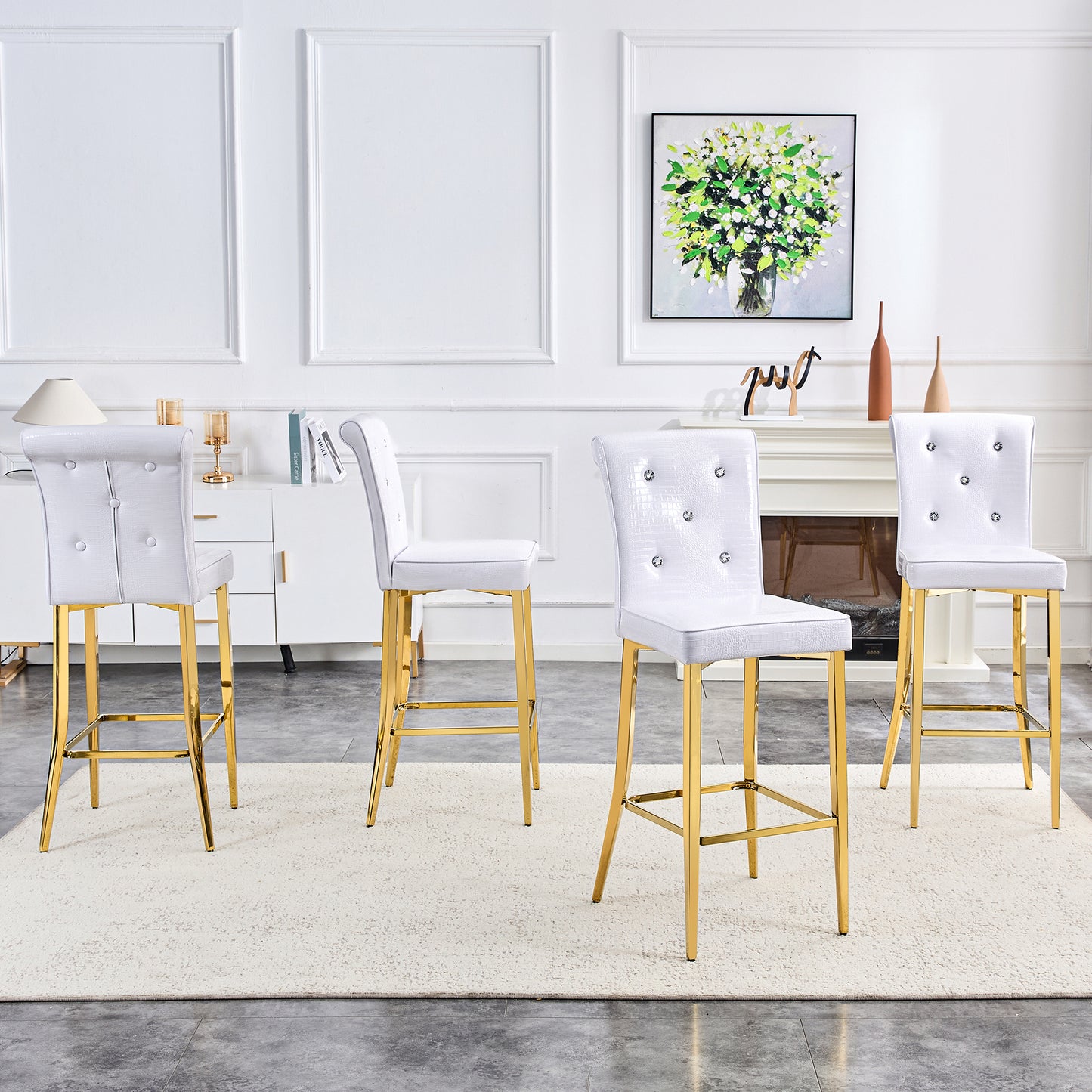 A Set Of 2 White And Gold Vintage Crocodile Leather Bar Chairs,