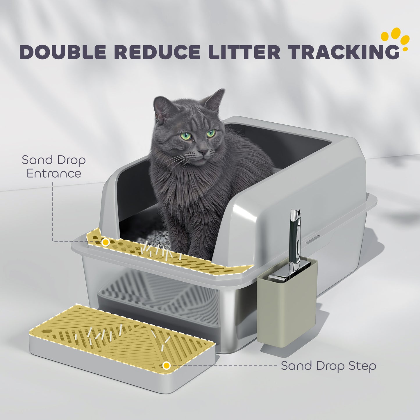 Stainless Steel Cat Litter Box with Scoop & Holder, High Sided, Leakproof