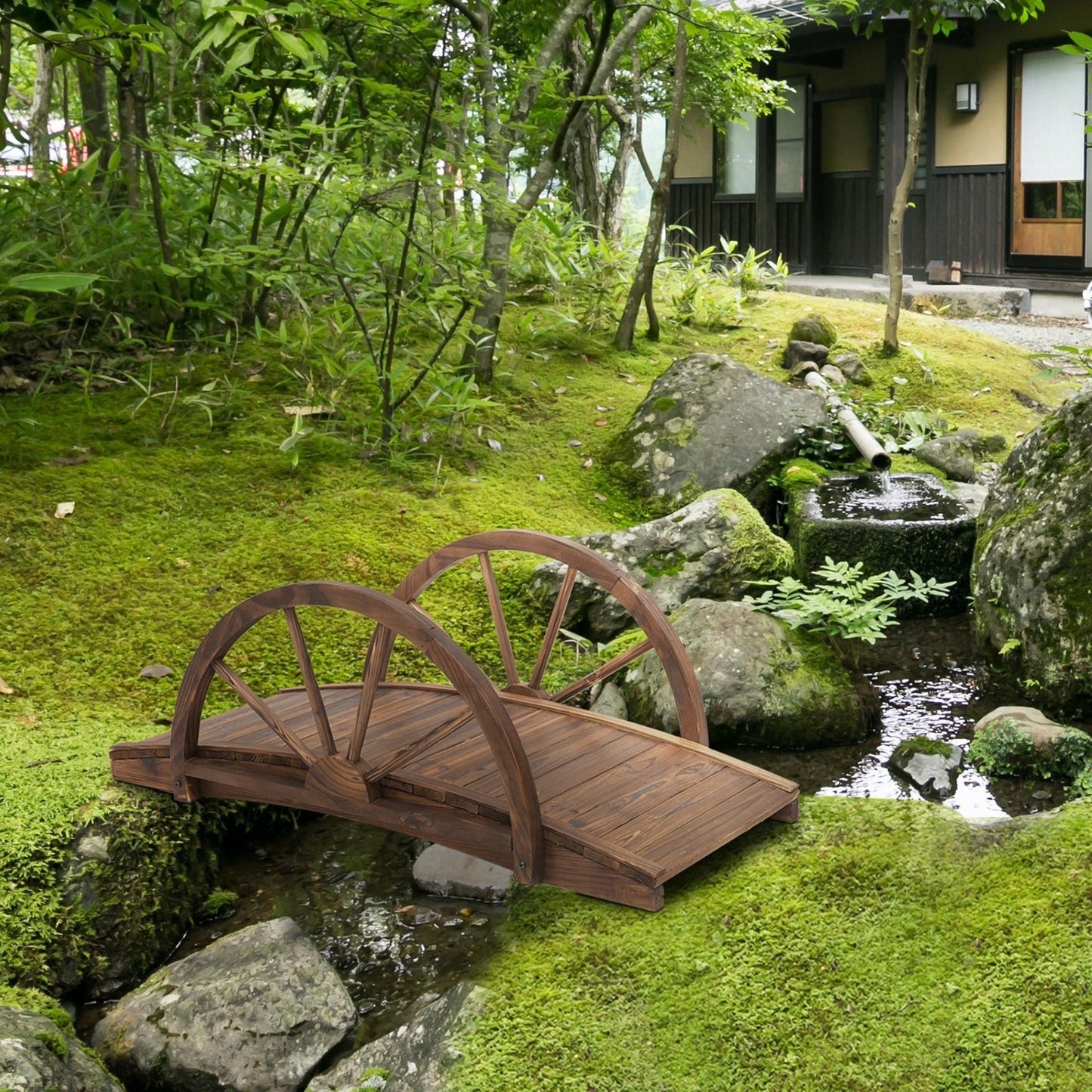 3.3ft Wooden Garden Footbridge with Half-Wheel Railings - Solid Fir Construction