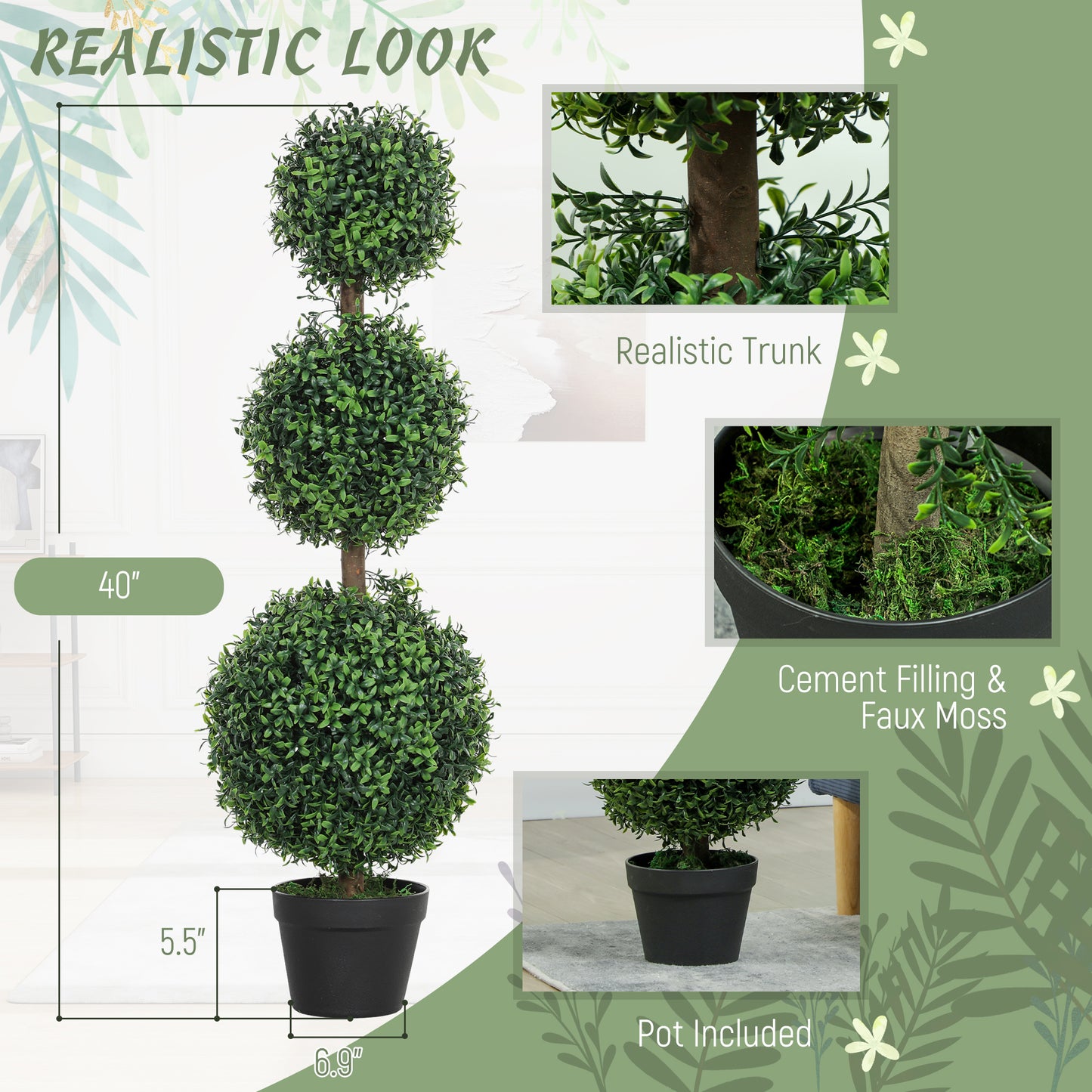 Set of 2 Boxwood Topiary Trees - UV-Protected Faux Plants