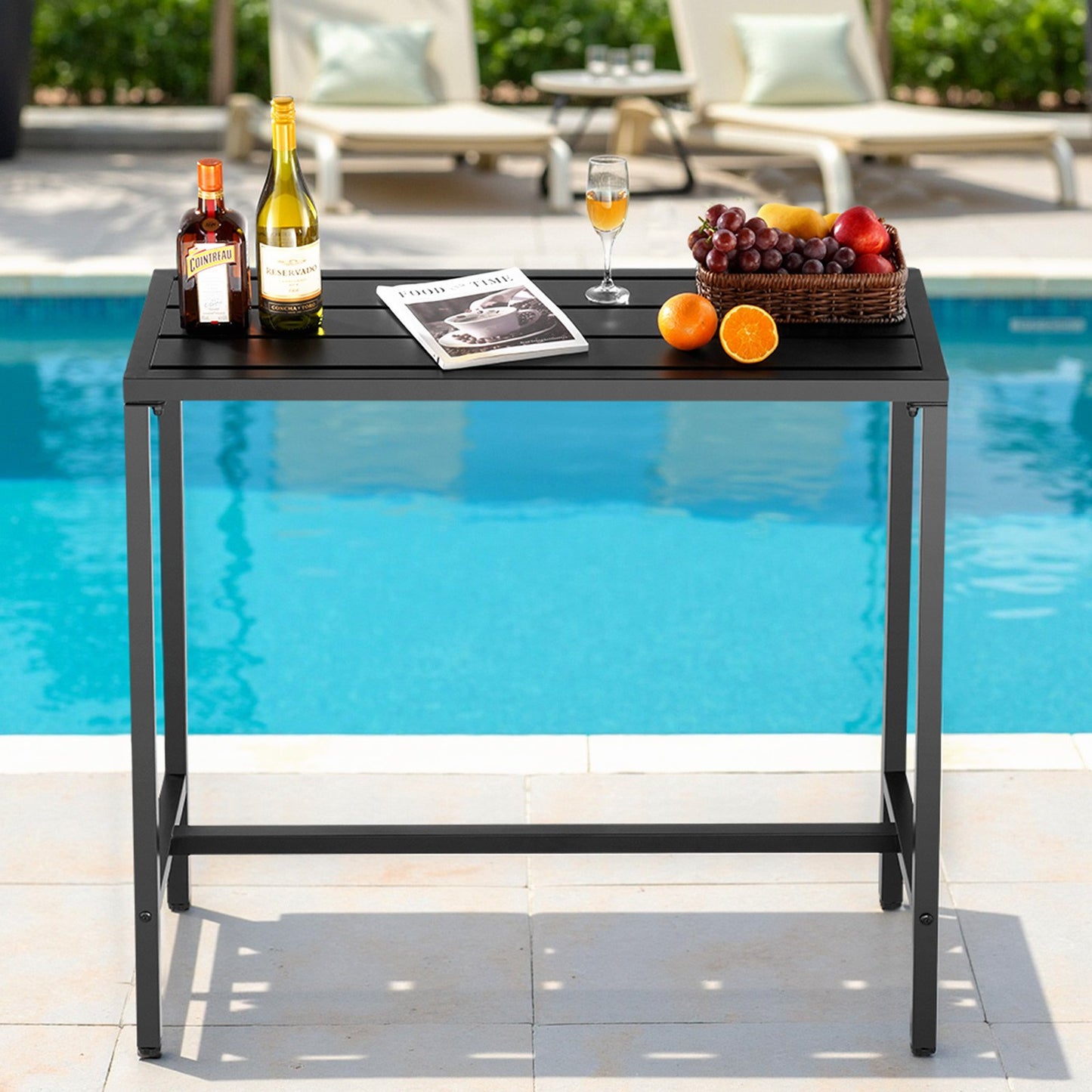 Outdoor Bar Table Waterproof 39.4x15 Inch Patio Dining Counter with Steel Frame - Black