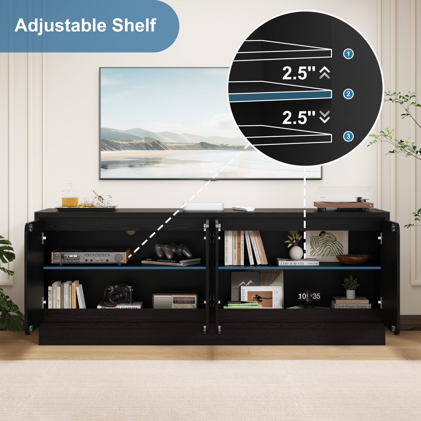 63 Inch Black TV Stand with 4 Storage Doors - Modern Media Console