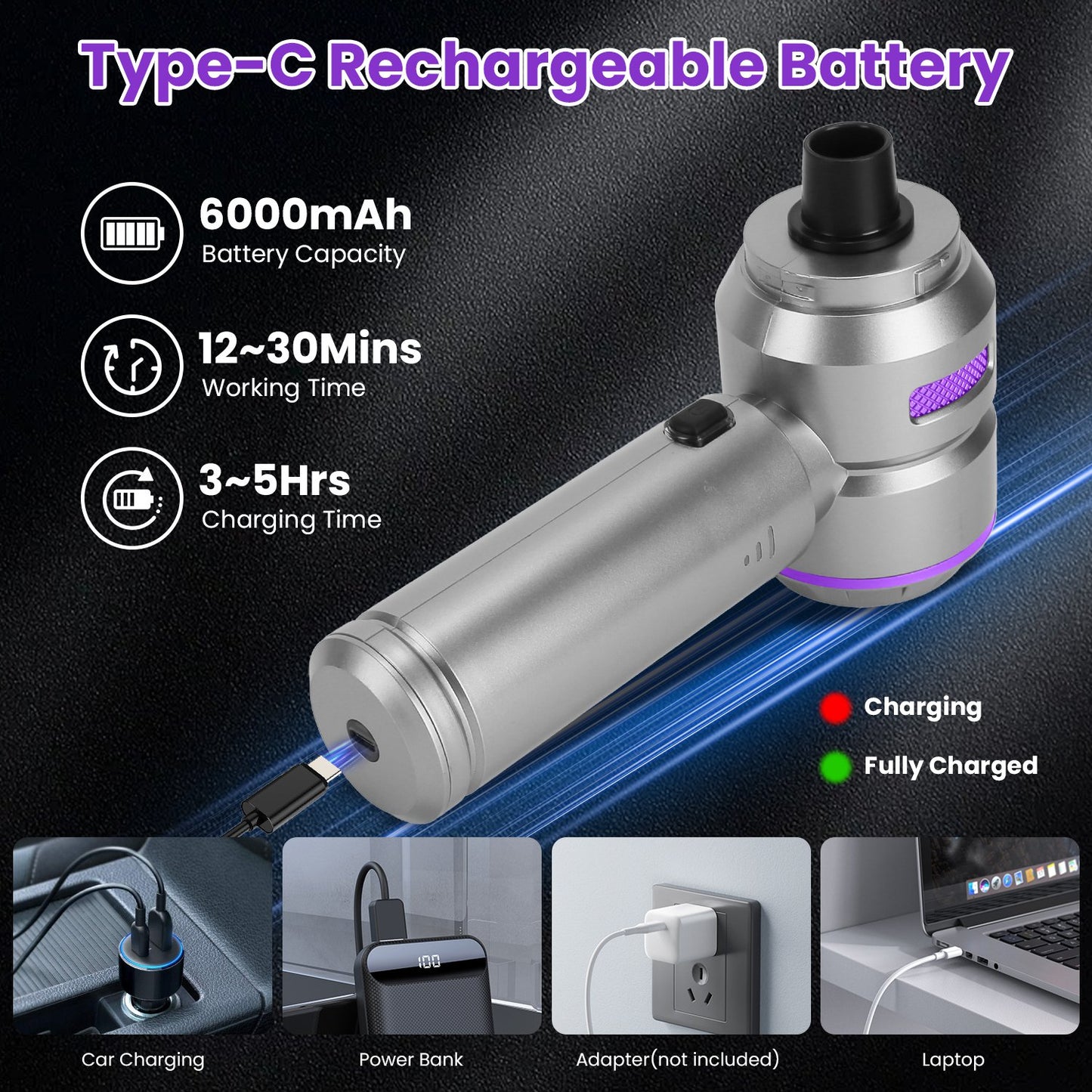 Portable Handheld Car Vacuum Cleaner 4-in-1 Cordless Air Duster & Blower