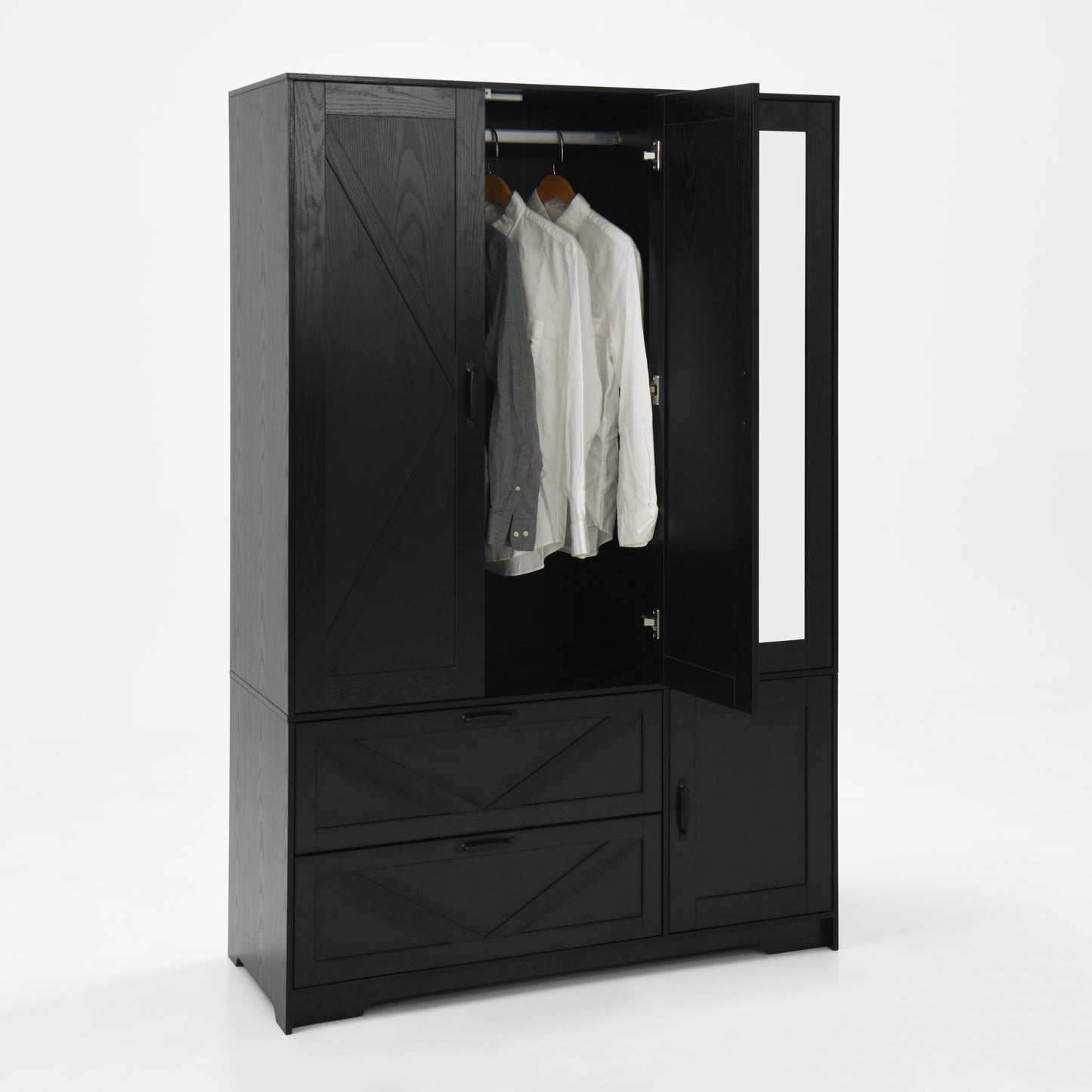 Black 4-Door Wardrobe Closet with Mirror & LED Lighting