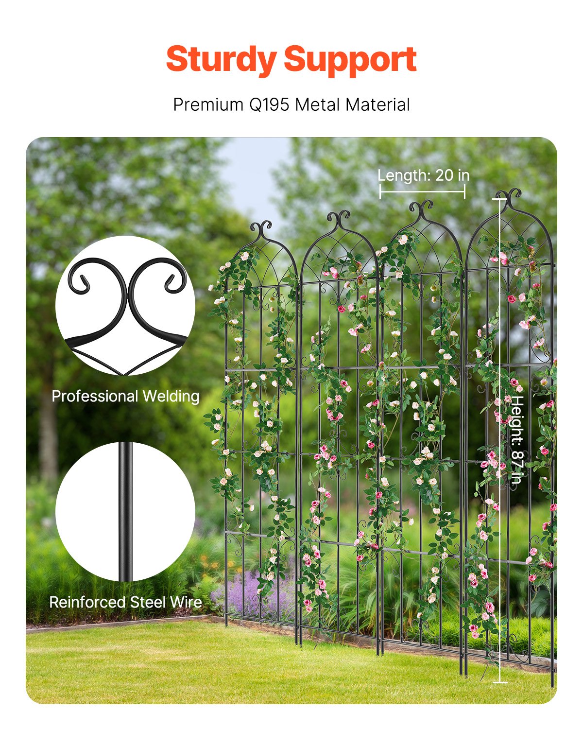 Metal Garden Trellis Support 87x20 Inches Rustproof Climbing Plant Frame - Black