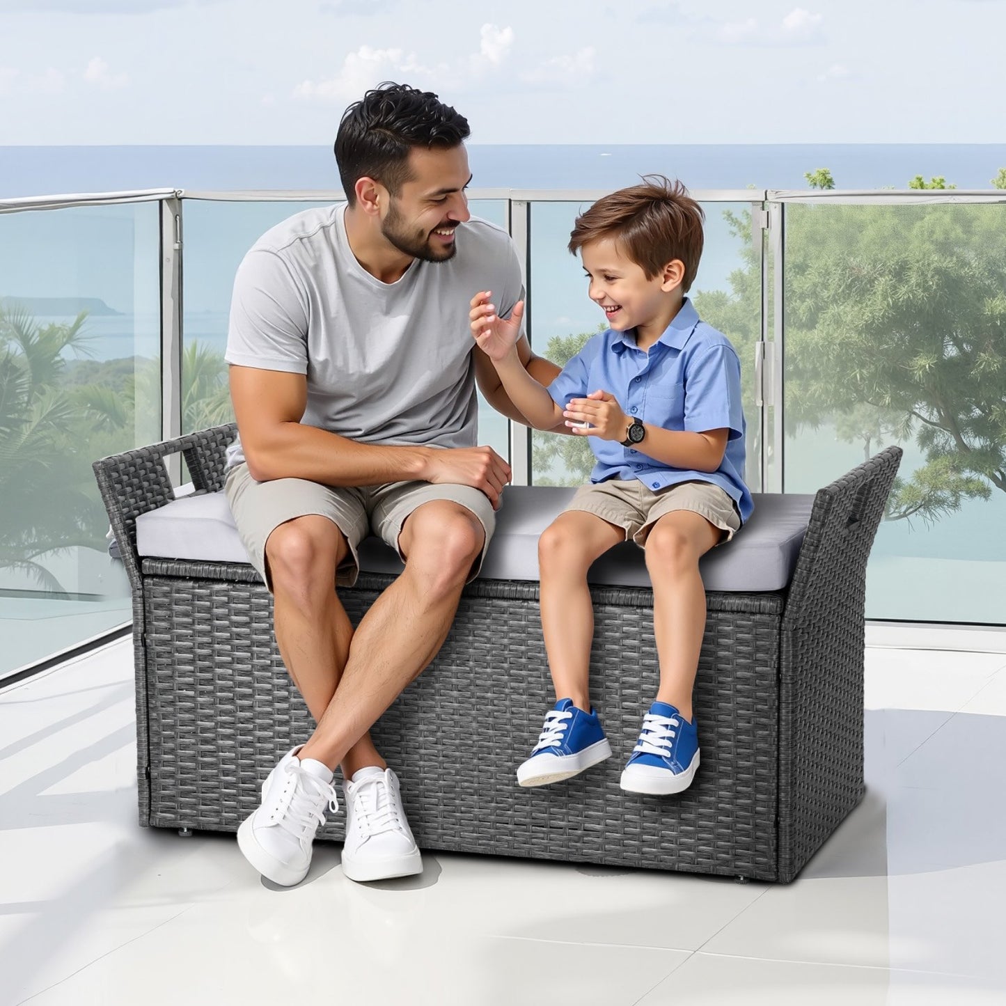 Outdoor Storage Bench with Cushions and Waterproof Rattan - Grey, 40 Gal