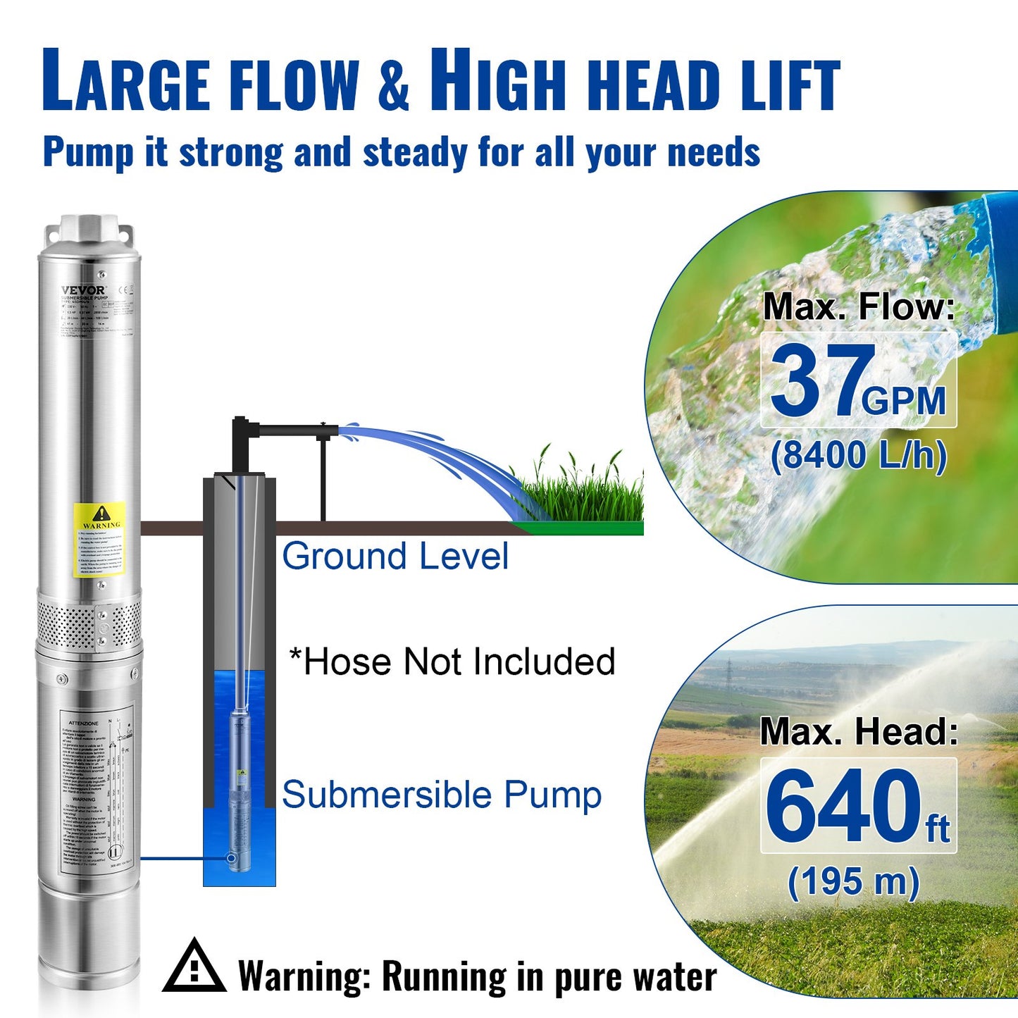3HP Submersible Well Pump 37GPM 640ft Head Stainless Steel 4 Inch Water Pump