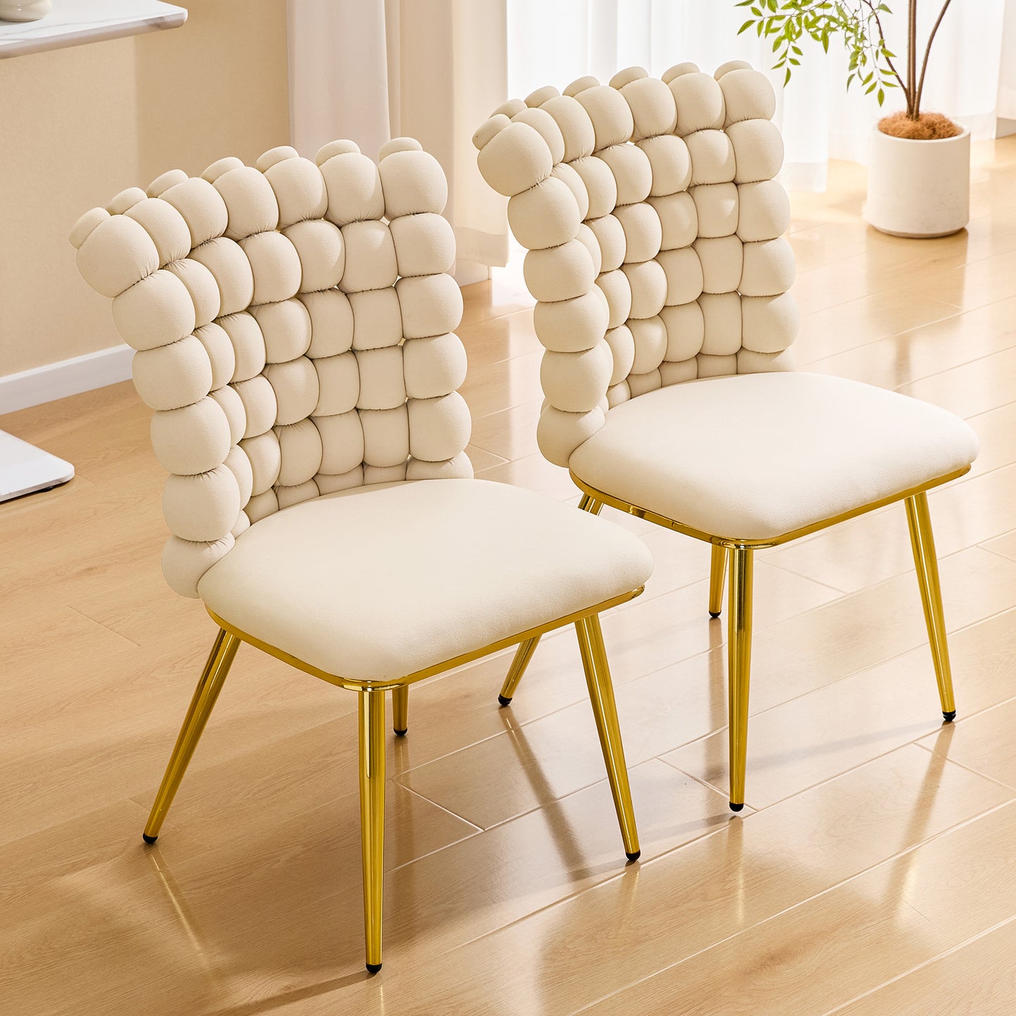 Set of 2 Cream Bubble Tufted Swivel Chairs - Velvet Accent Chairs with Gold Frame