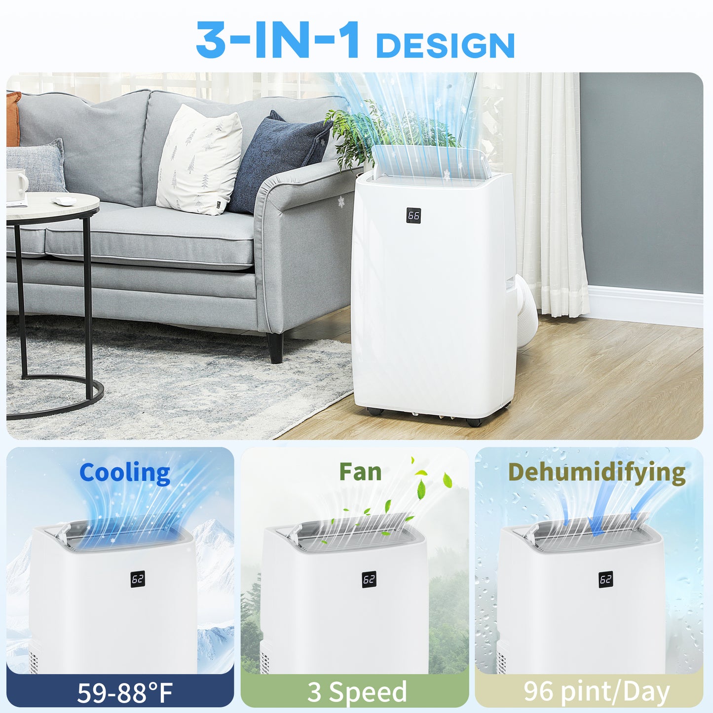 Portable 14000 BTU Air Conditioner for Rooms up to 700 sq ft with Dehumidifier & Remote