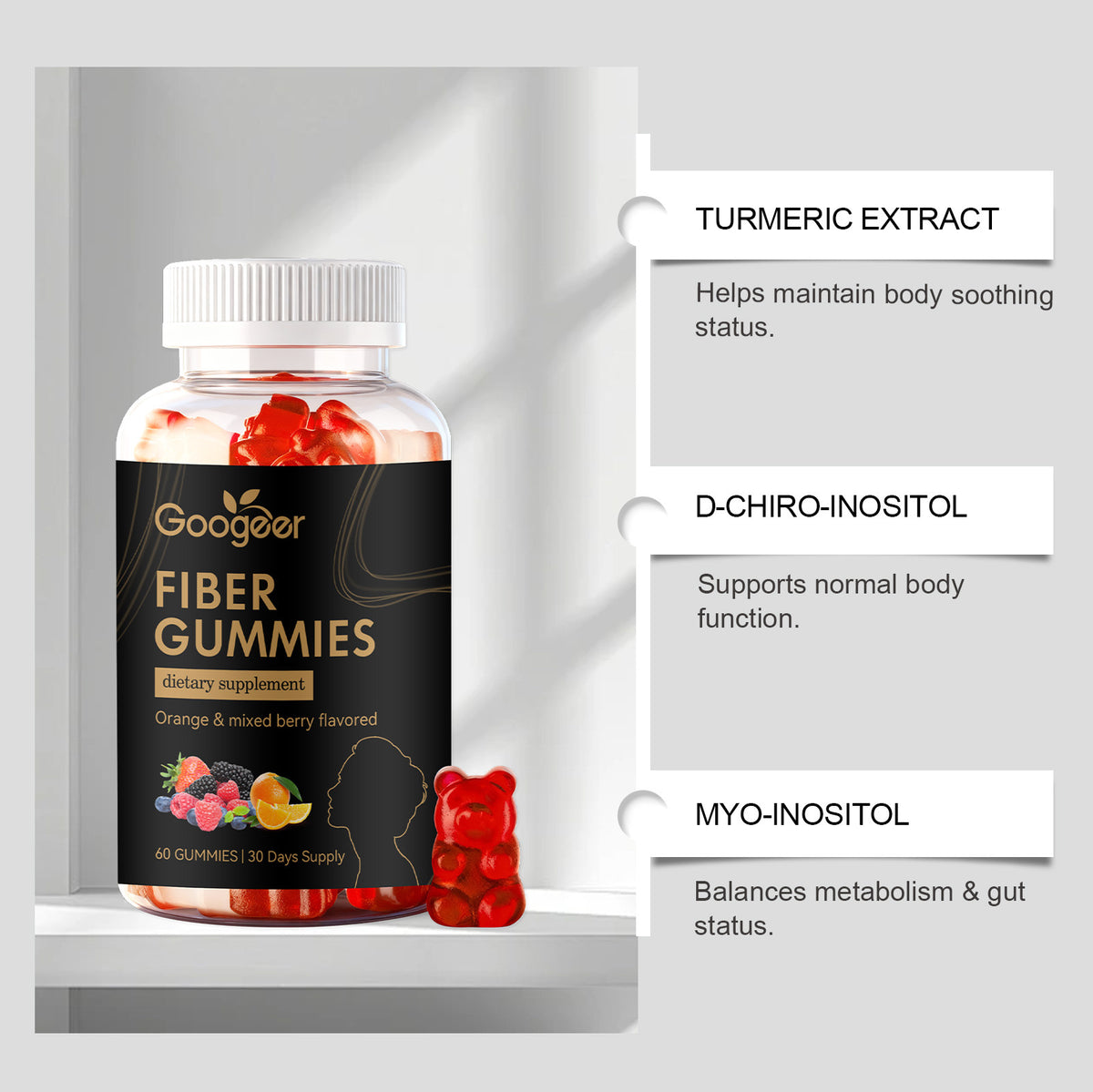 Intestinal Health Support Gummies - Prebiotic Fiber, Zinc & Turmeric - 60 Gummies