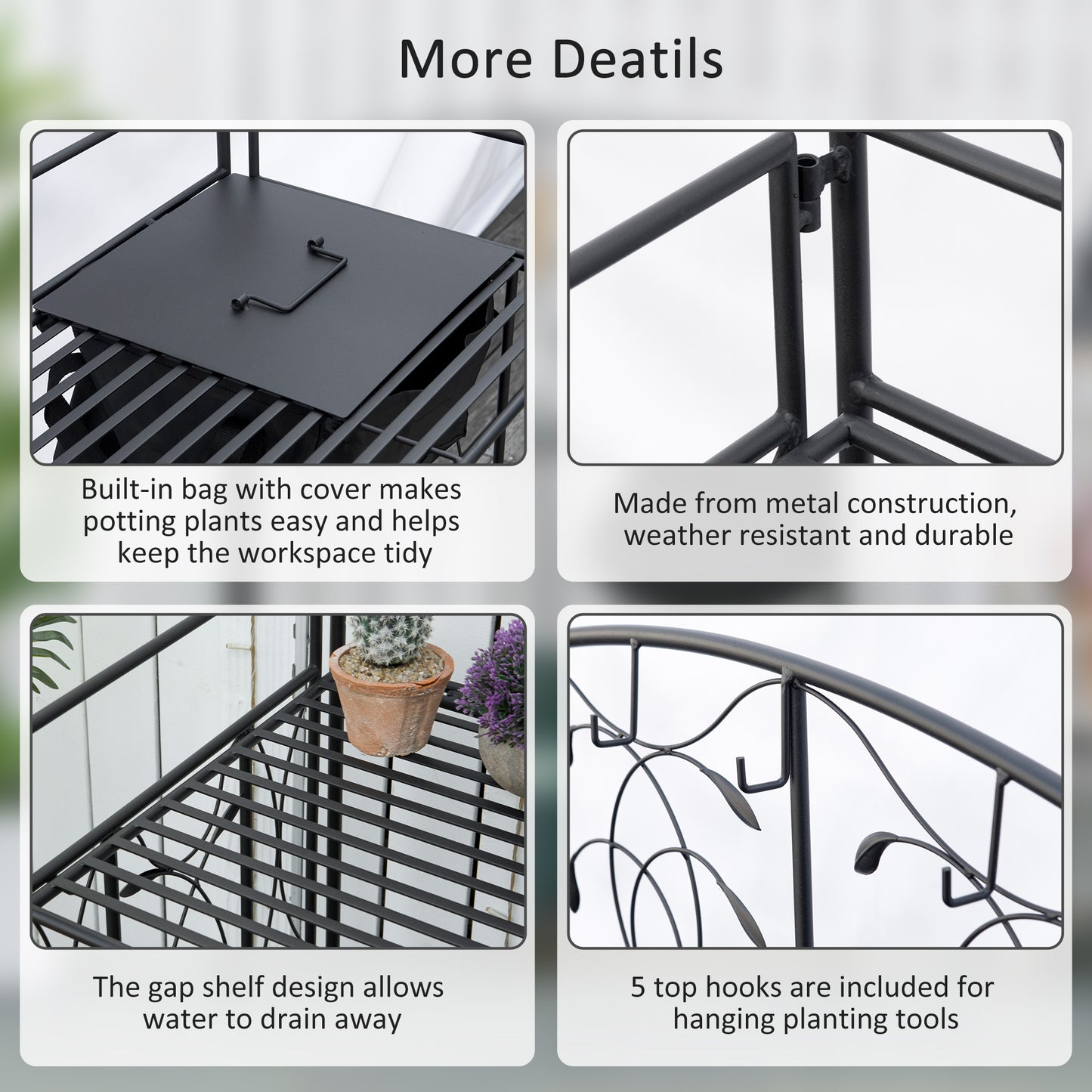 Folding Garden Potting Bench Table with Storage Bag and Hooks - Black, 1285x860mm