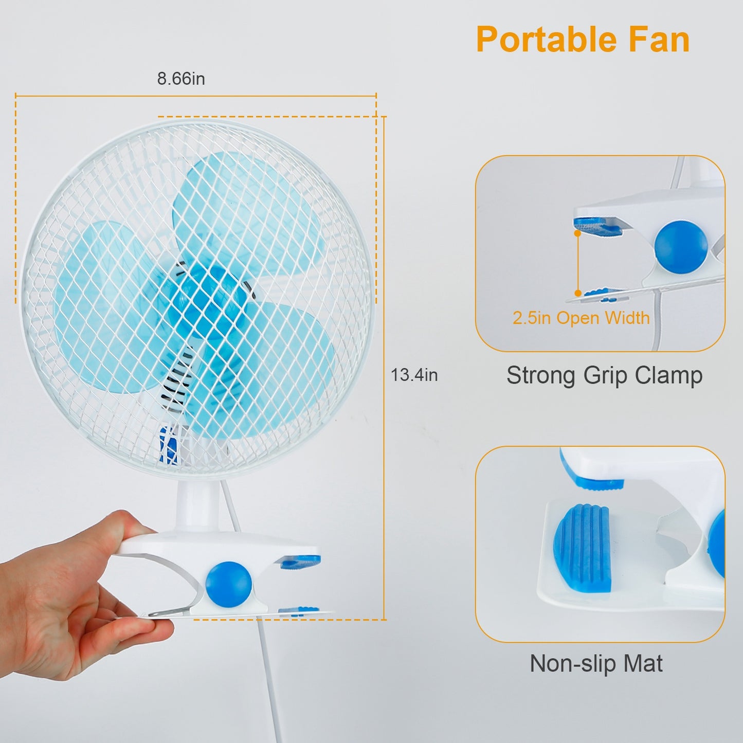 Clip On Desk Fan with 2 Speed Settings, Adjustable Tilt, Quiet Operation, Wall Mount & Clamp - White