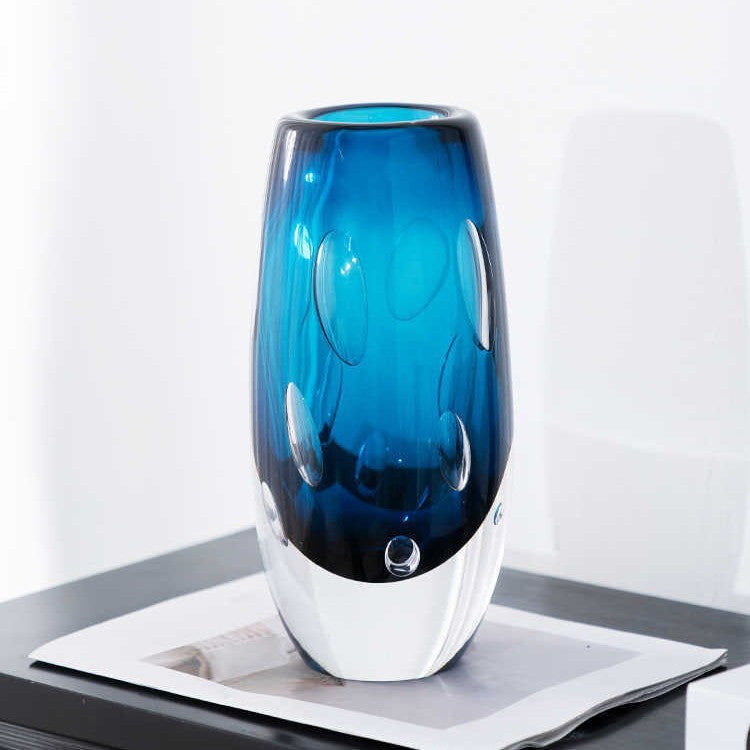 Decorative Glass Flower Vase for Showroom & Living Room - Blue Bubble Style