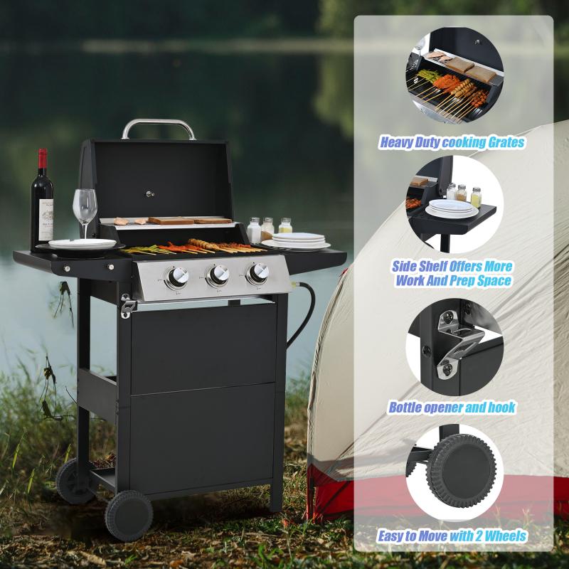 Three-Burner Propane Gas Grill with Stainless Steel Design & Wheels