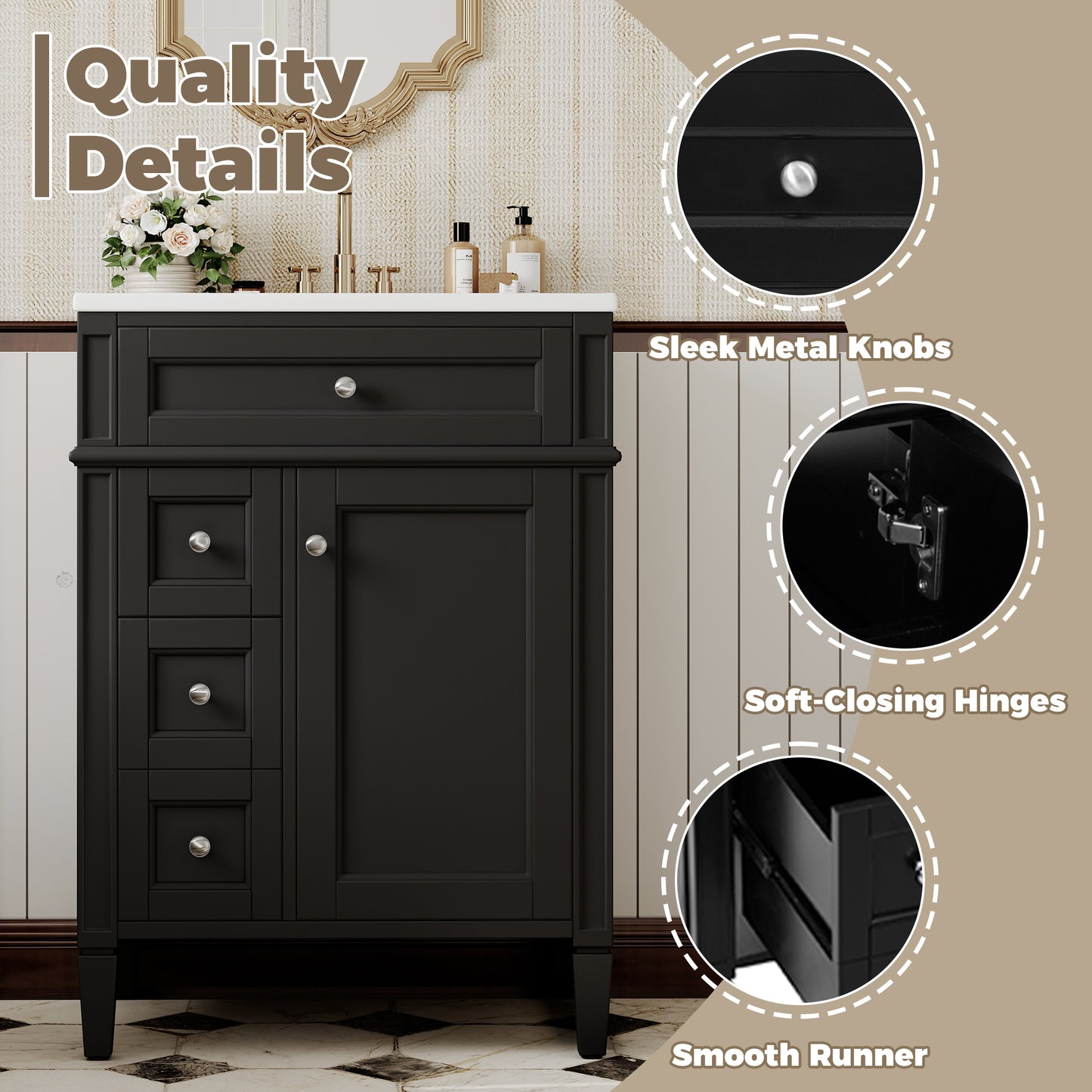 24-Inch Modern Bathroom Vanity with Sink and Storage - Black