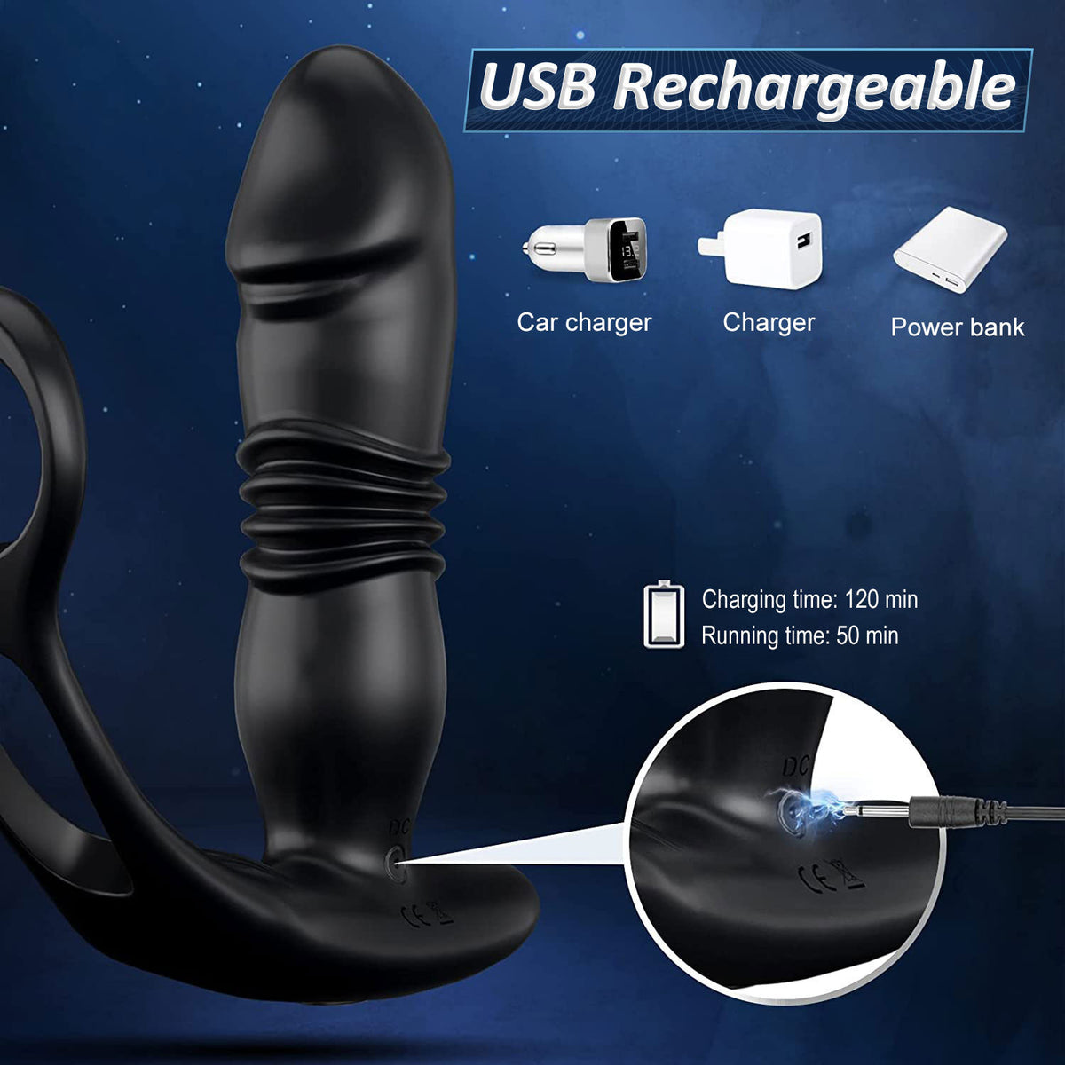Remote Control Double Ring Telescopic Prostate Massager Black & USB