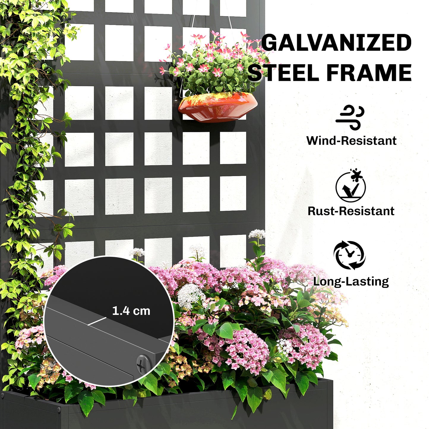 Galvanized Steel Raised Garden Bed with Trellis for Climbing Plants, 24x9x44.5 Inches, Black