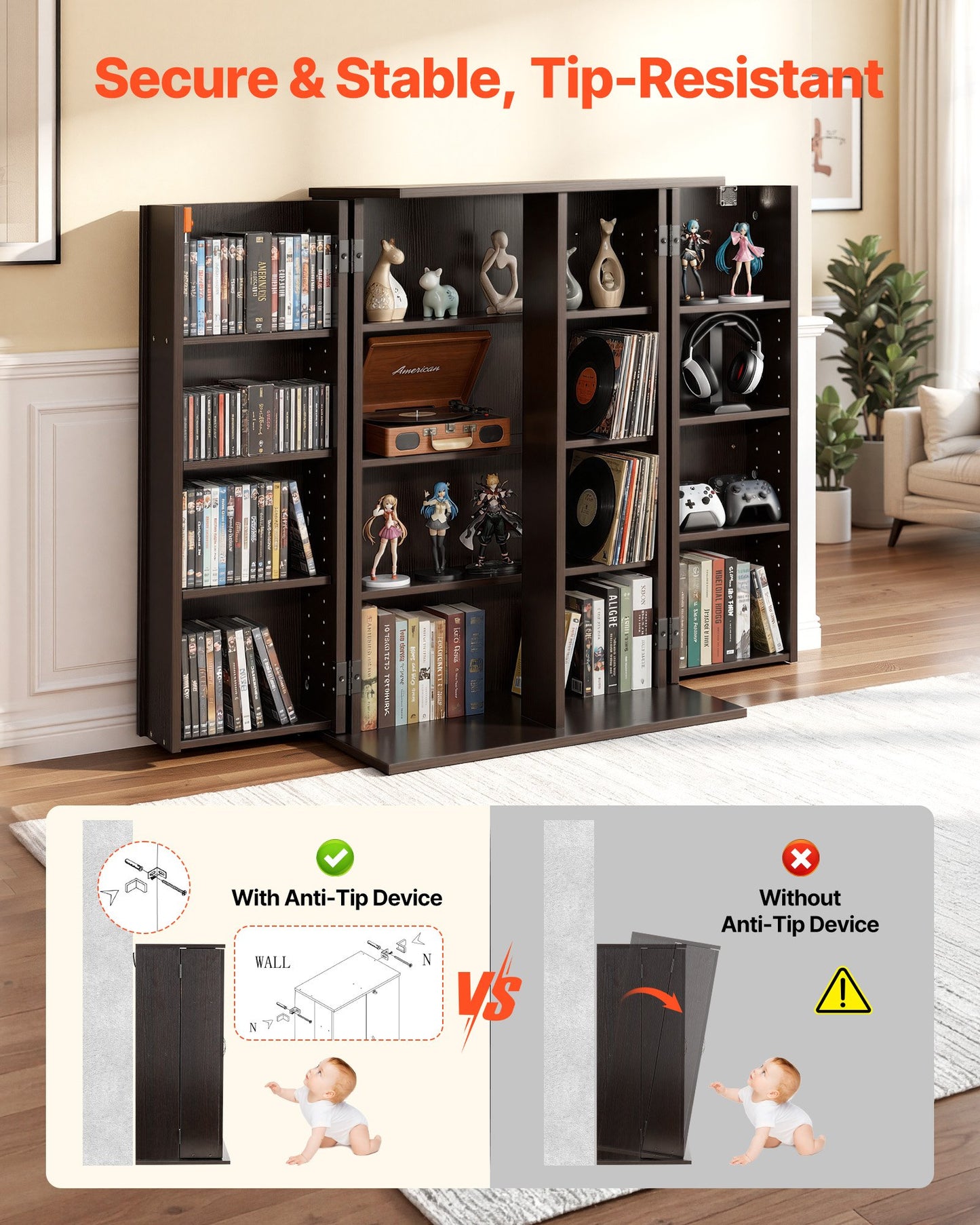 Multimedia Storage Cabinet 4-Tier DVD & CD Organizer with Lock, Brown
