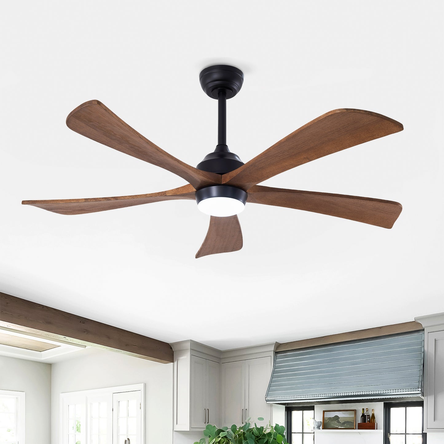 52-Inch Solid Wood Blades Ceiling Fan with Lights and Remote Control - Matte Black