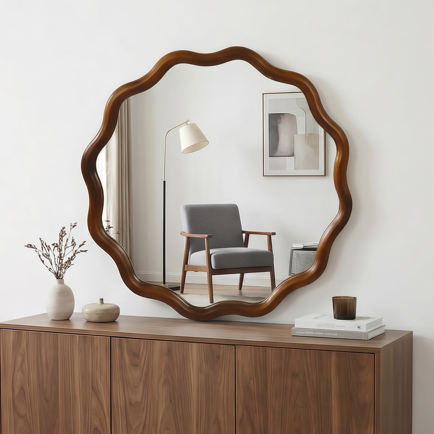 30-Inch Wavy Round Solid Wood Frame Decorative Mirror - Black & Dark Walnut