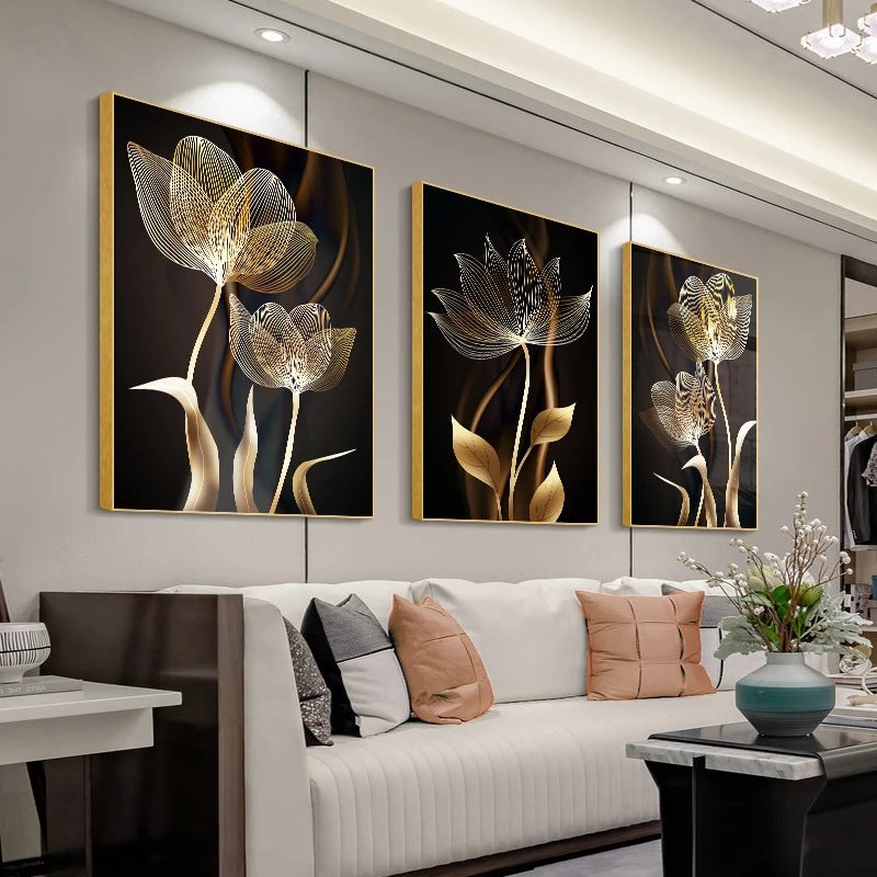 Gold Wall Art Painting Set - Modern Floral Canvas Decorations for Living Room