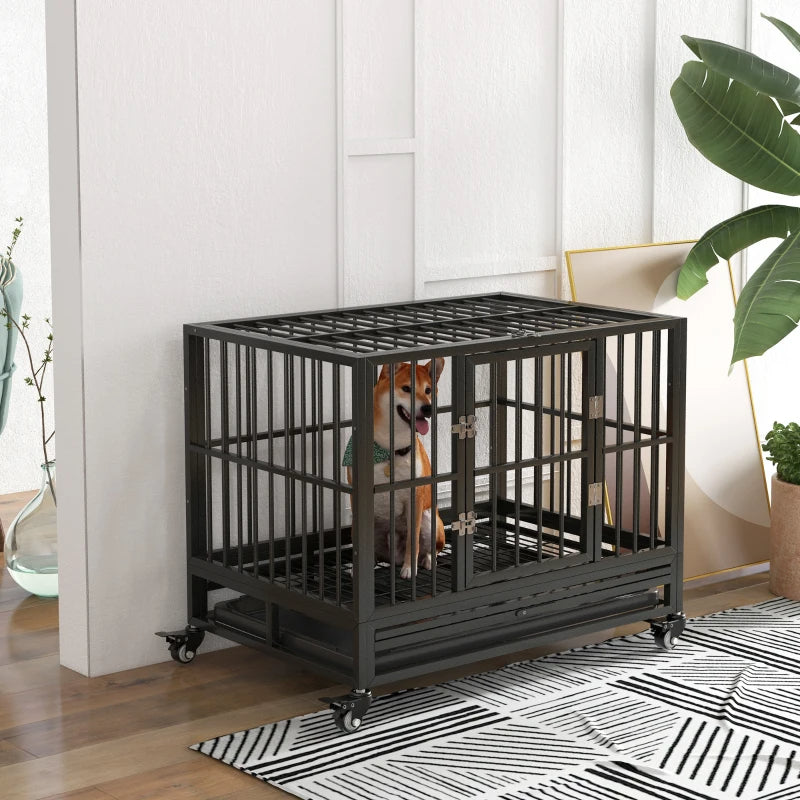 Heavy Duty Metal Dog Crate with Lockable Wheels, Double Doors & Removable Tray - Gray