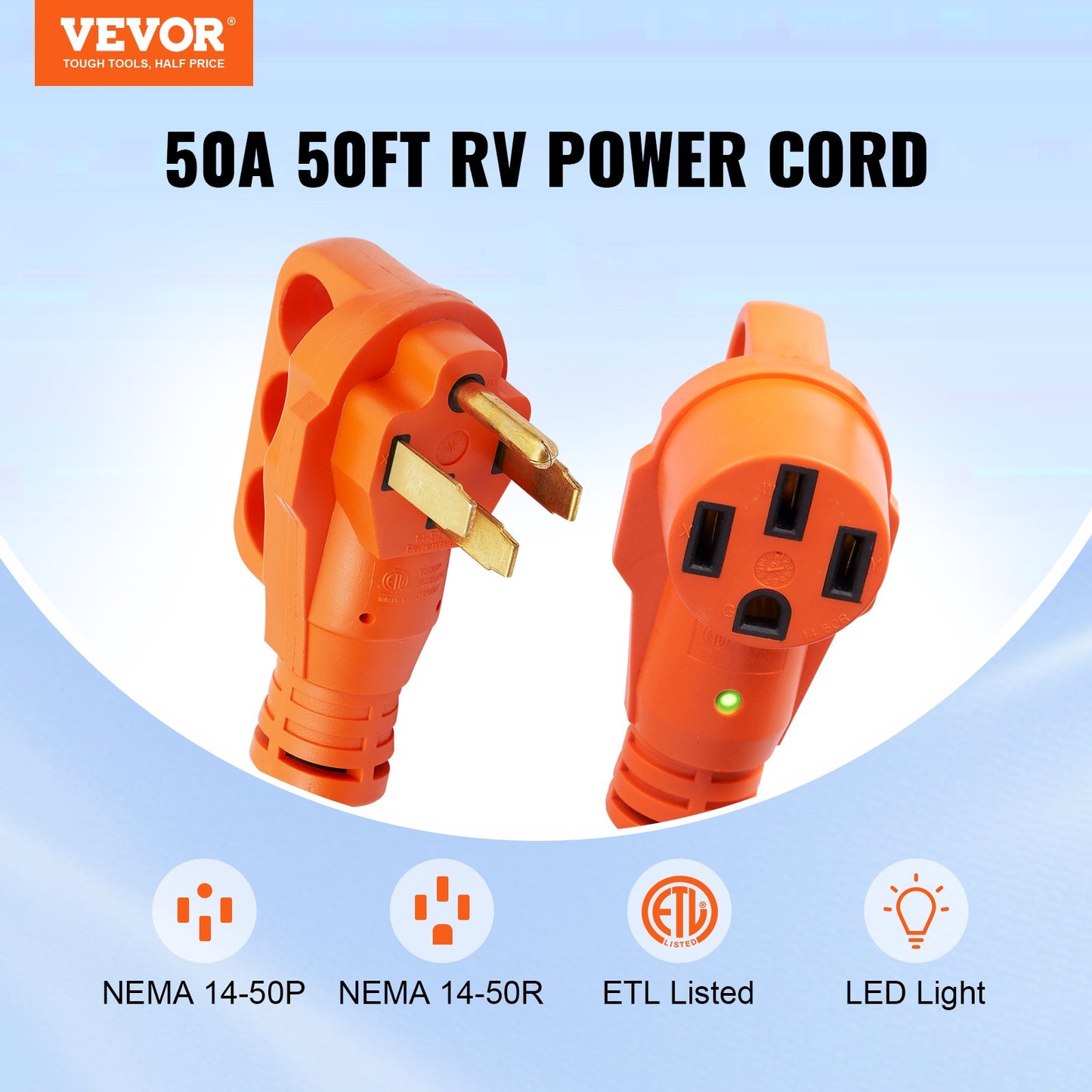 50 Ft RV Extension Cord 50 Amp Heavy Duty Power Cable NEMA 14-50R Female Plug - Orange