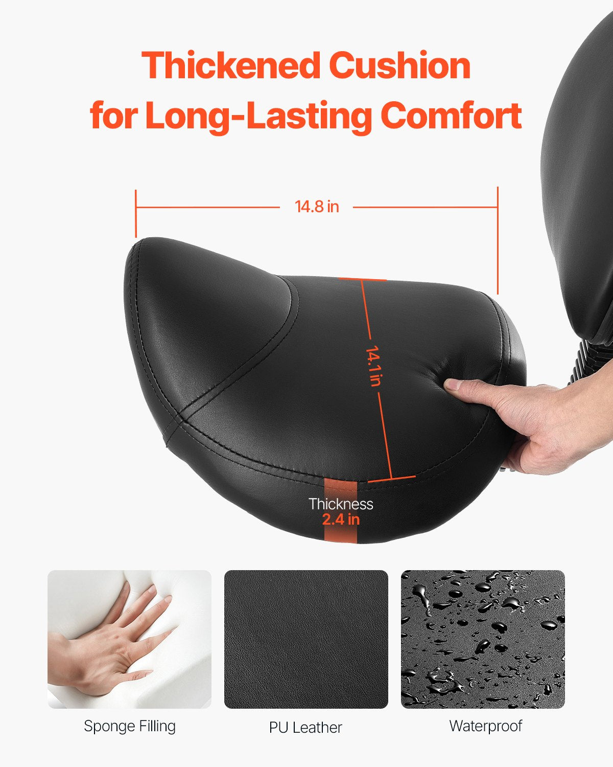 Ergonomic Saddle Stool with Back Support - Height Adjustable Rolling Chair, 450 lbs Capacity, Thick PU Leather - Black