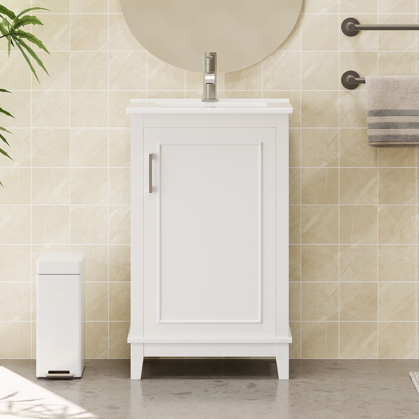 20-Inch Modern Bathroom Vanity Cabinet with Ceramic Basin - White