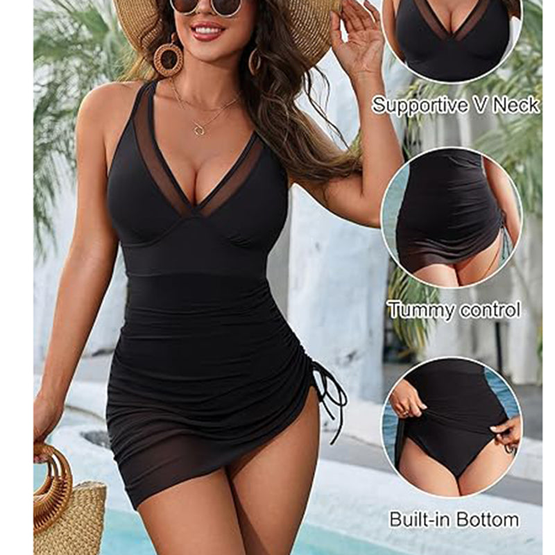 One-Piece Swim Dress with Tummy Control & Mesh Sarong Wrap