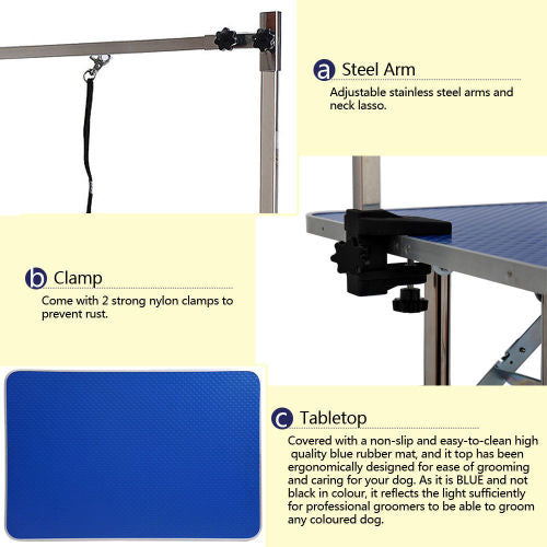 36 Inch Heavy Duty Folding Pet Grooming Table with Adjustable Arms - Stainless Steel for Dogs & Cats - Blue