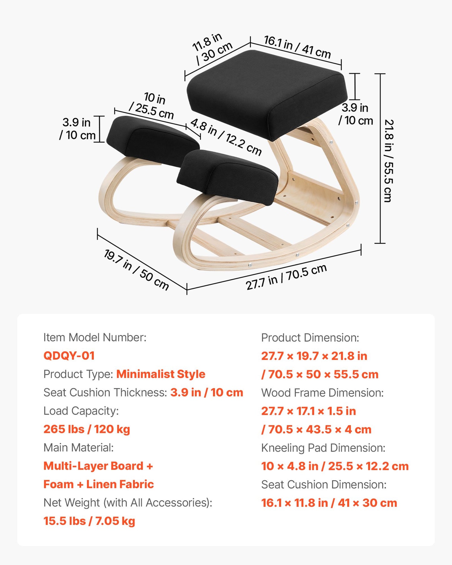 Ergonomic Kneeling Chair with Wooden Frame and Thick Foam Cushions - Adjustable Height for Posture Relief