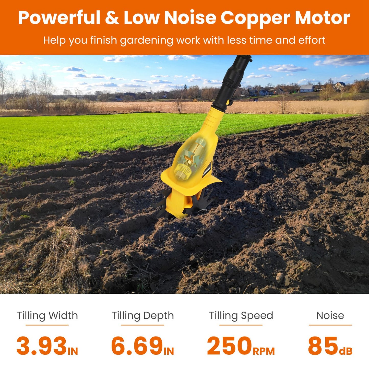 Cordless Electric Garden Tiller Cultivator 20V, 3.93in Width, 250RPM, Yellow