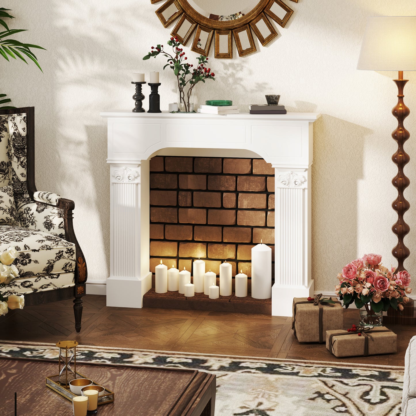 White Fireplace Mantel Surround for Electric Fireplaces - 43.3" W x 42.8" H