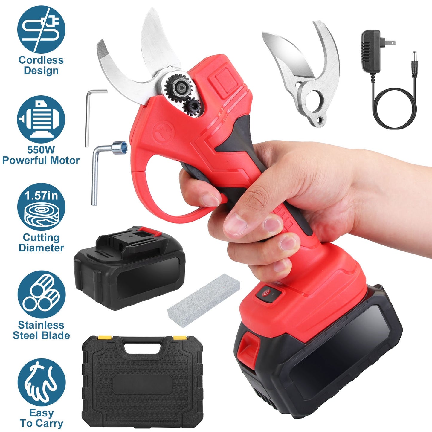 Cordless Electric Pruning Shears 40mm Branch Cutter with 2 Batteries & Carry Box