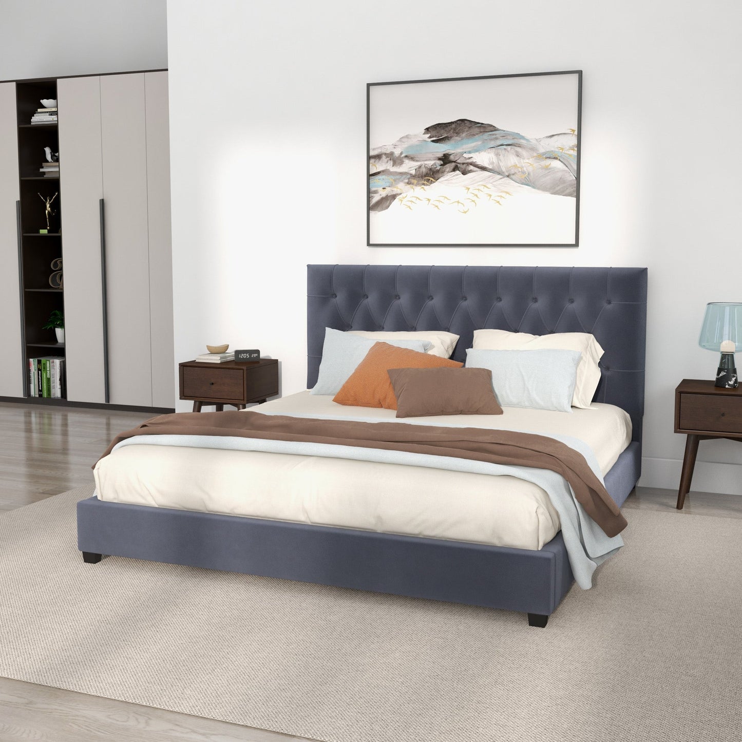 Donald Mid Century Modern Grey Velvet Platform Bed King