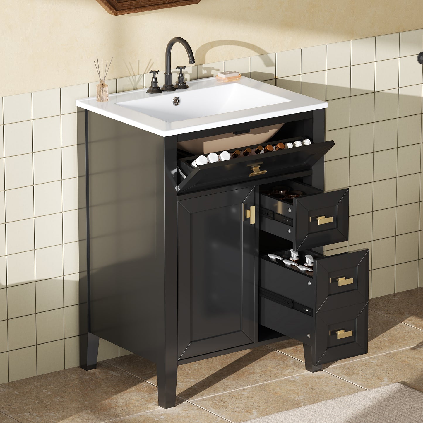 24-Inch Black Bathroom Vanity with Sink & Storage Cabinet