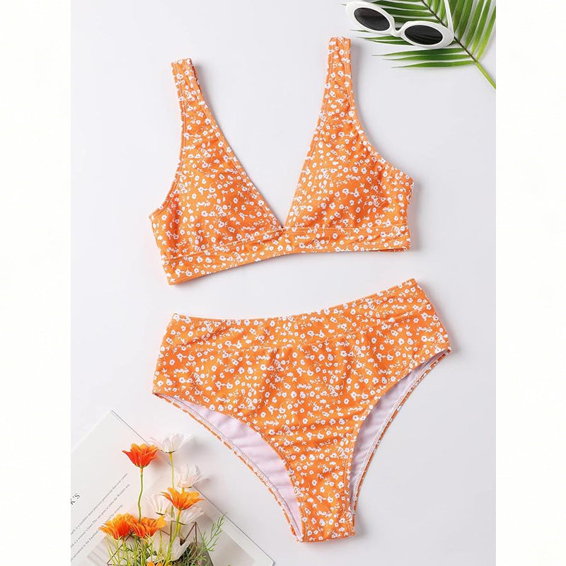 Women's Ditsy Floral Bikini Set - Plunge V-Neck & High Waist