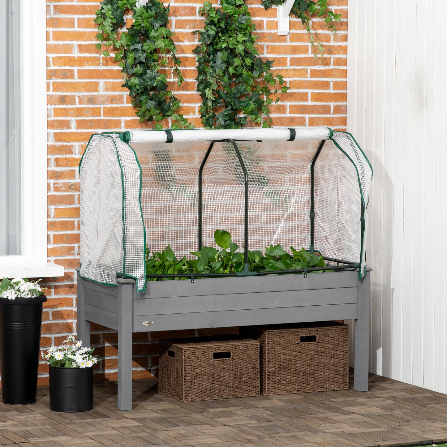 Raised Garden Bed with PE Greenhouse Cover for Herbs & Vegetables - 48x22x46 Inch, Dark Gray