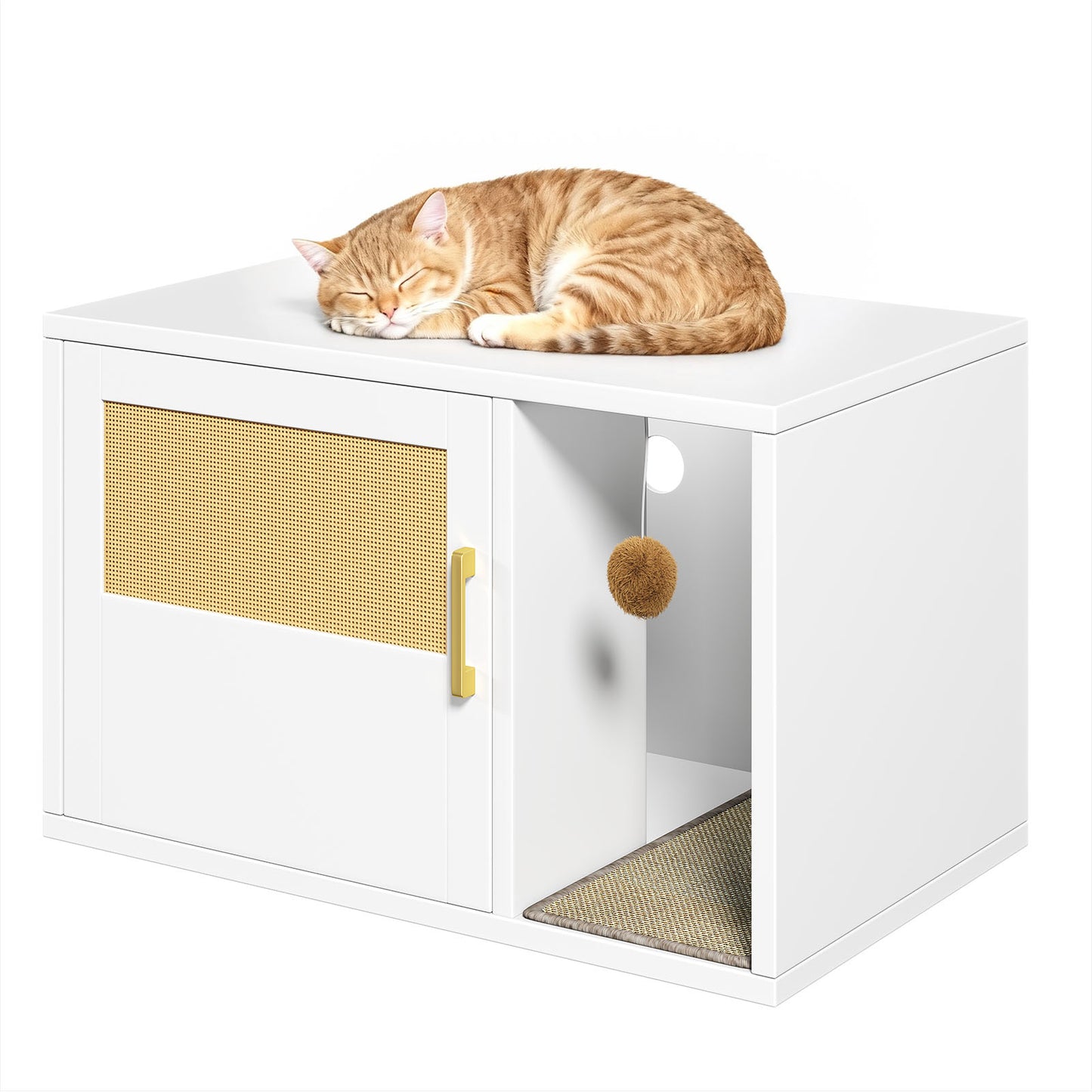 Multifunctional Cat Litter Box Cabinet with Odor Control & Side Table - White