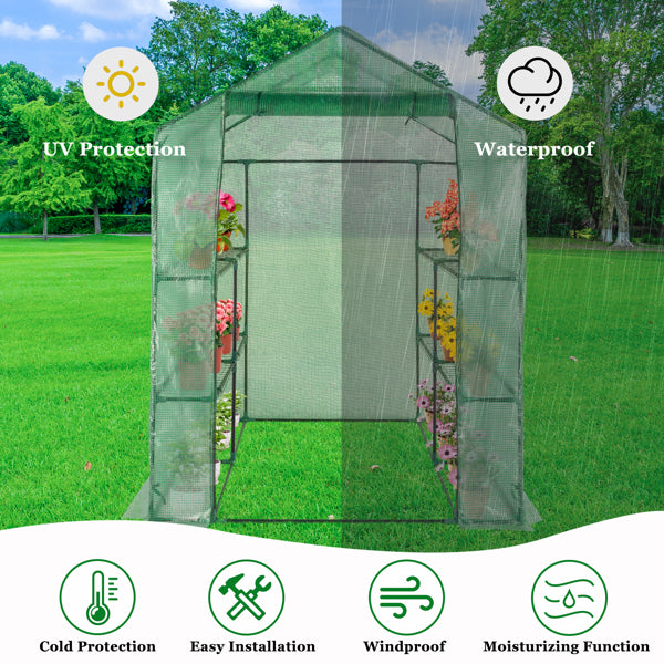 Garden Greenhouse with 8 Shelves, Green PE Cover & Black Iron Frame, 143x143x195cm