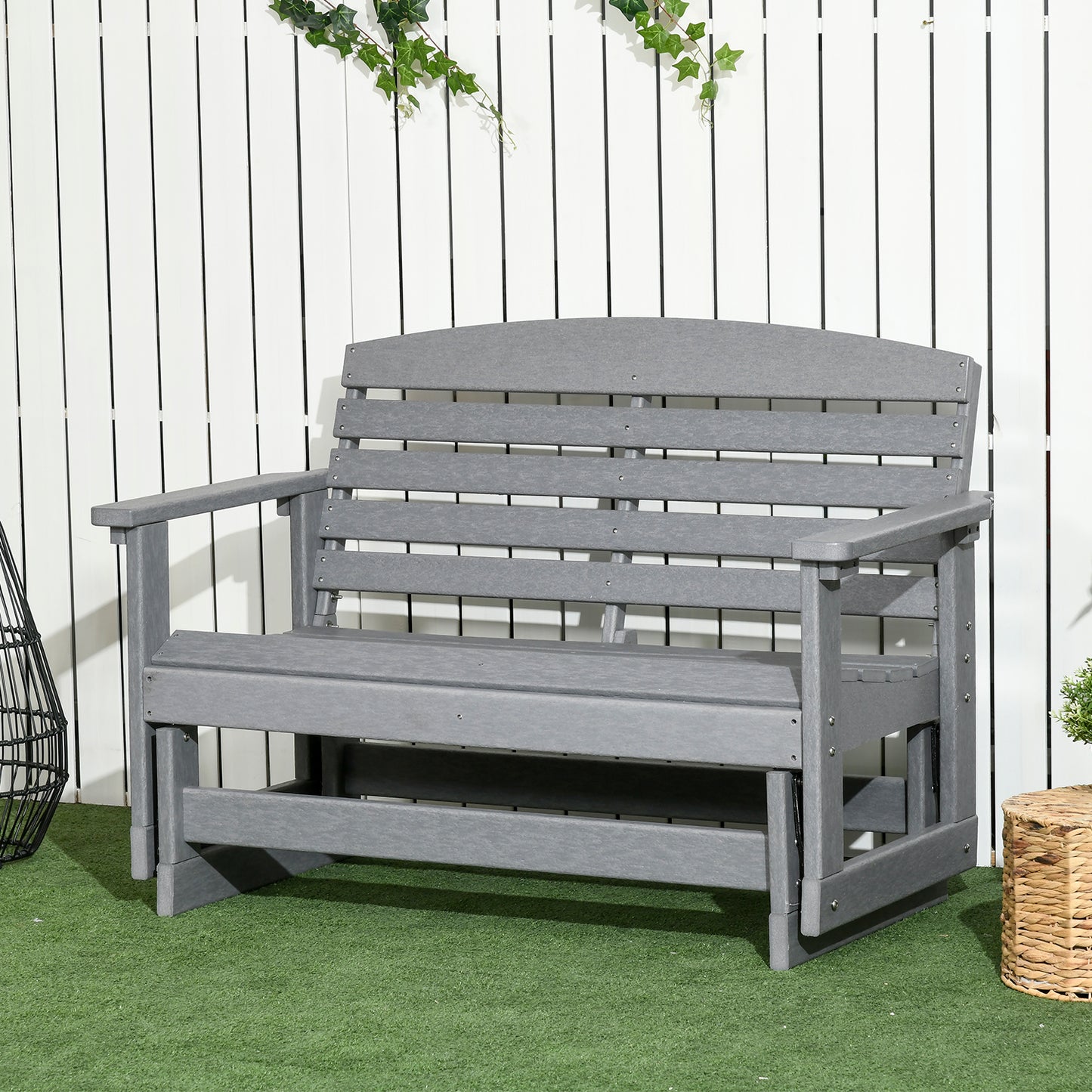Outdoor Patio Glider Bench - HDPE Slatted Rocking Chair, Light Gray