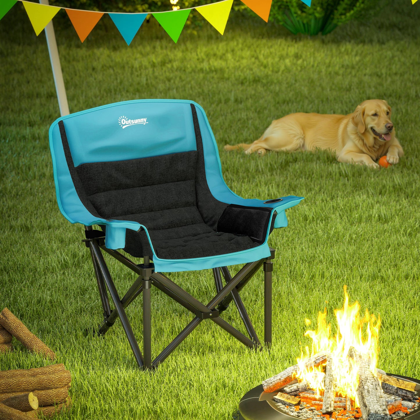 Portable Folding Camping Chair with Cup Holders & Carry Bag - Green/Black