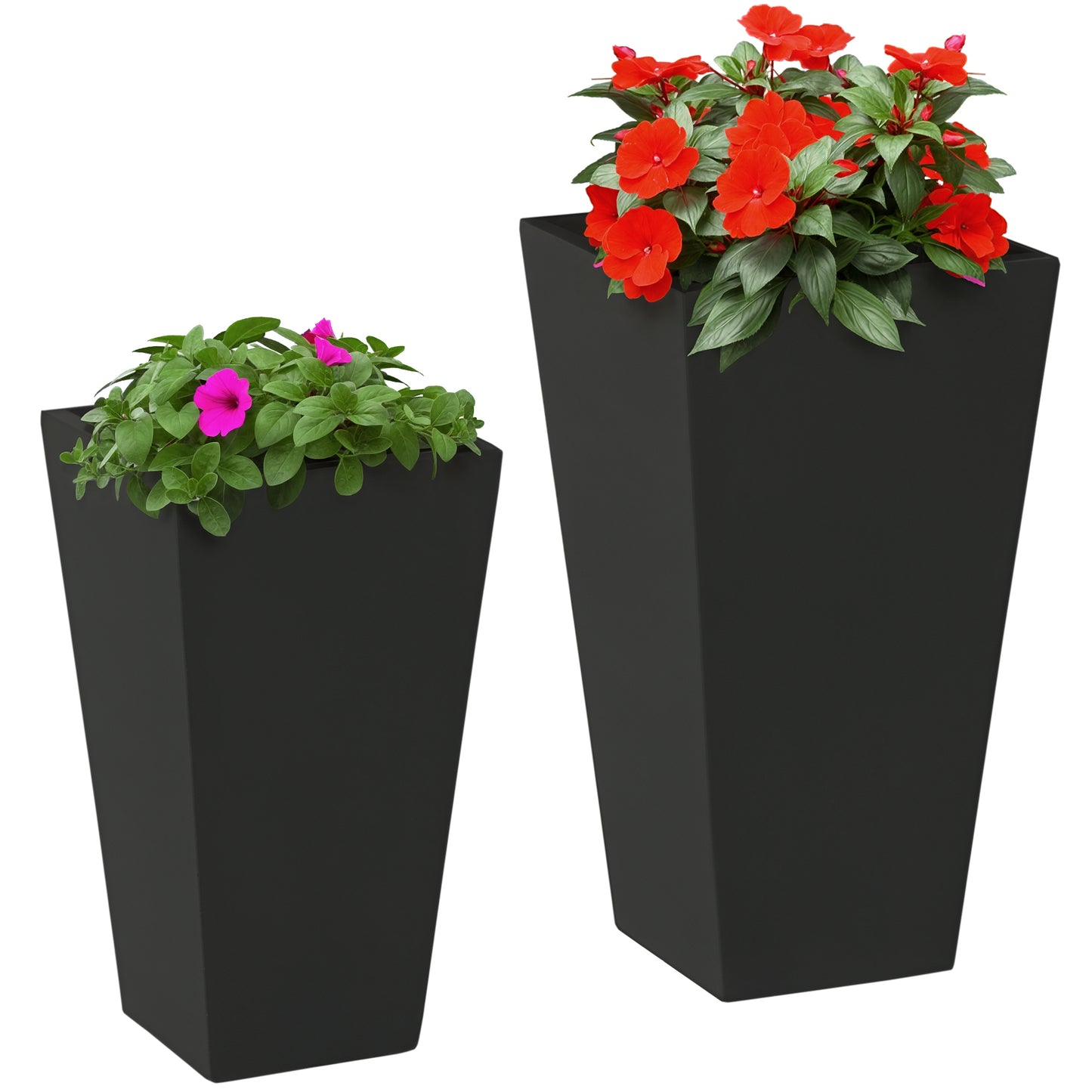 Large Outdoor Flower Planters Set of 2 - Stackable, Drainage Holes, Black