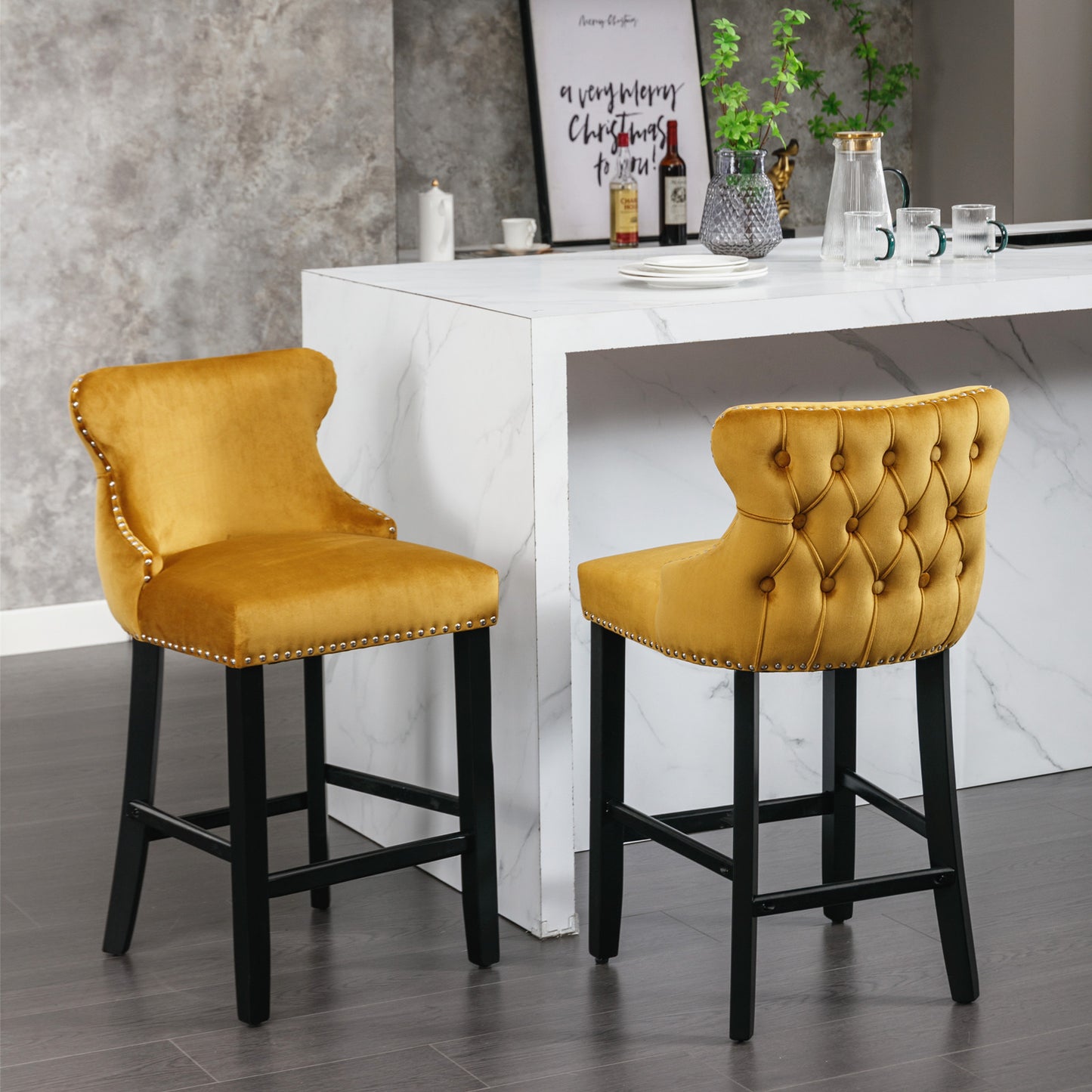 Gold Velvet Upholstered Wing-Back Bar Stools - Set of 2